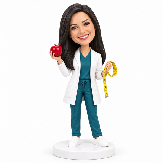 Custom female dietitian bobblehead with apple and measuring tape.