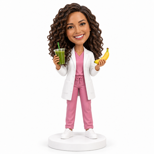 Custom dietitian bobblehead with smoothie and banana.
