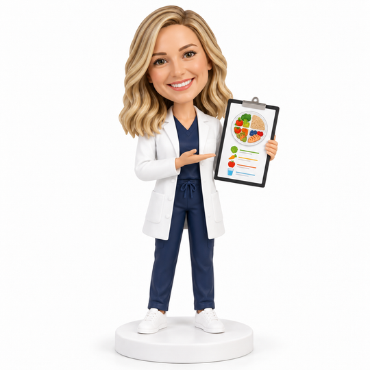 Custom dietitian bobblehead presenting a healthy plate nutrition guide.