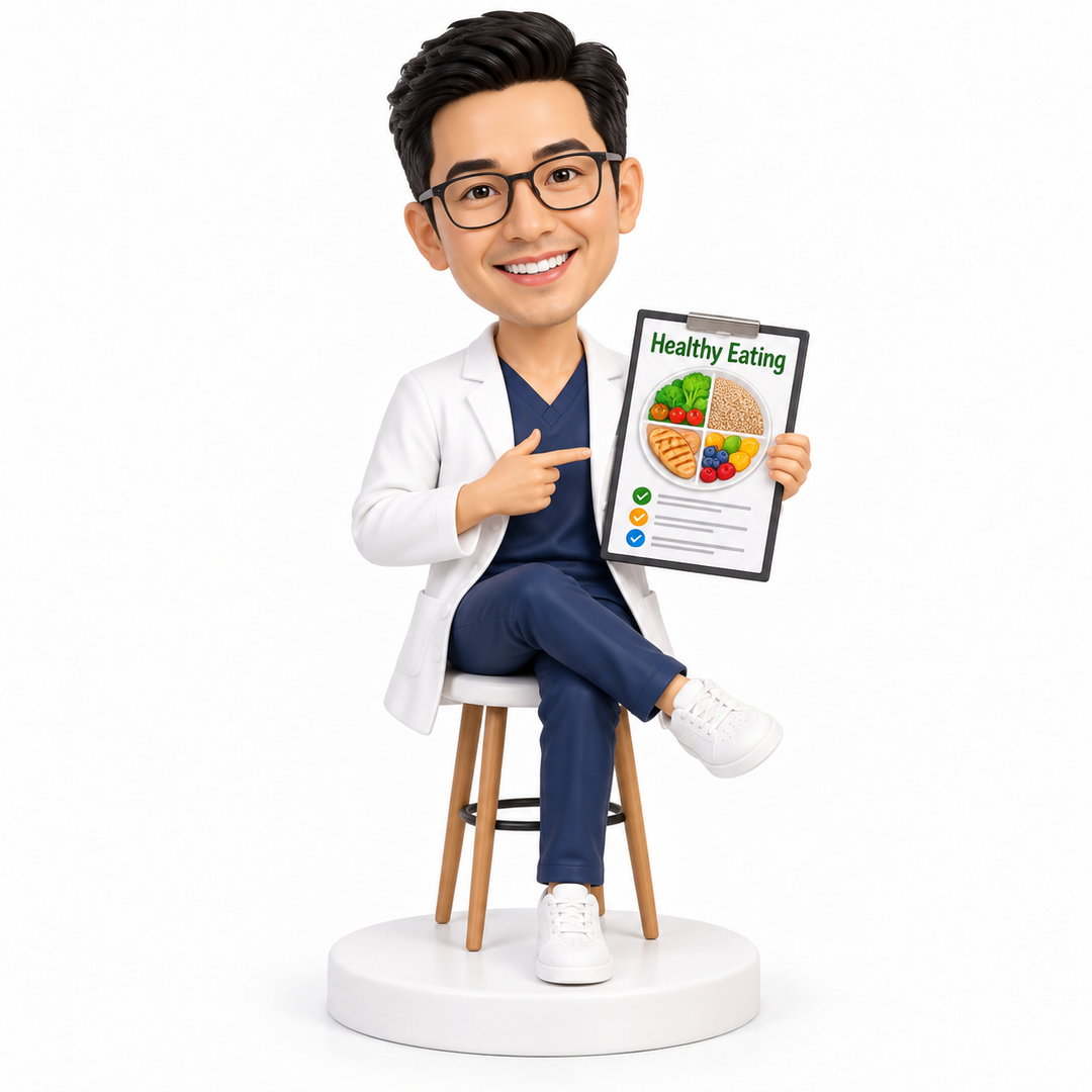 Custom male dietitian bobblehead presenting a healthy eating guide.