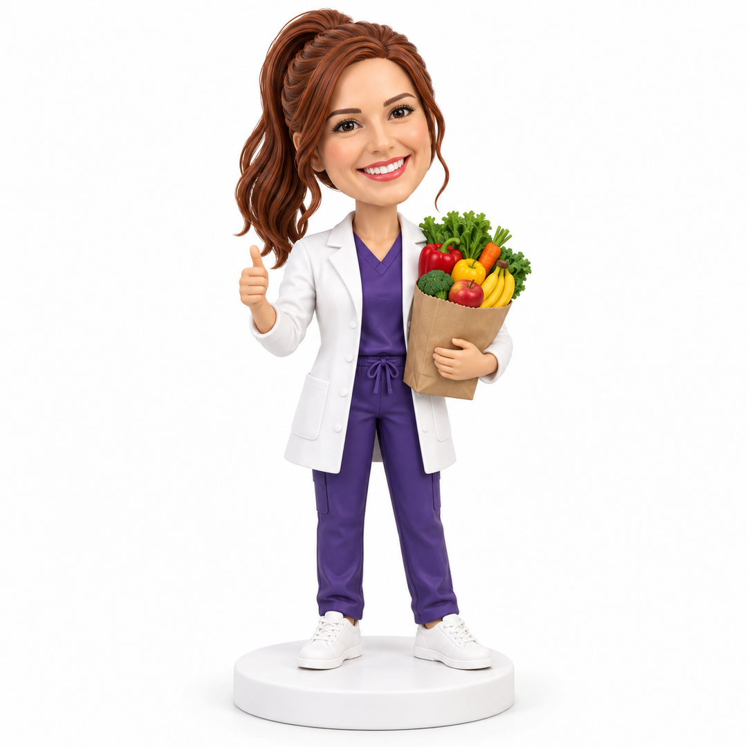 Custom female dietitian bobblehead with fresh produce grocery bag.