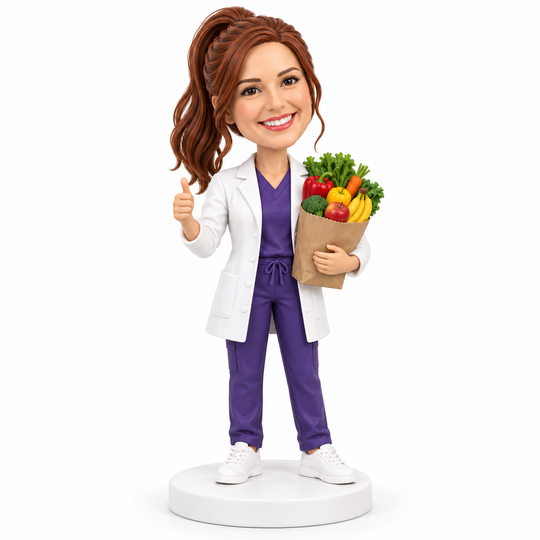 Custom female dietitian bobblehead with fresh produce grocery bag.