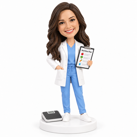 Custom dietitian bobblehead with nutrition plan and weighing scale.