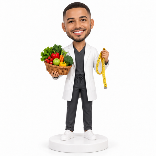 Custom male dietitian bobblehead with basket of fresh produce and measuring tape.