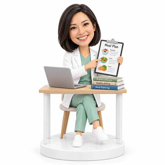 Custom dietitian bobblehead seated at a desk with meal plan and nutrition books.