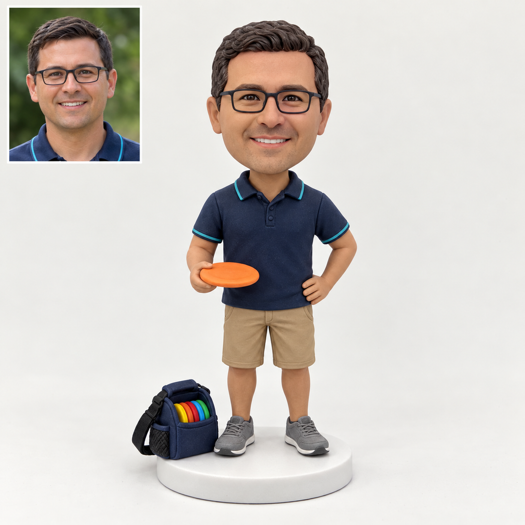 Custom disc golf bobblehead with matching portrait comparison
