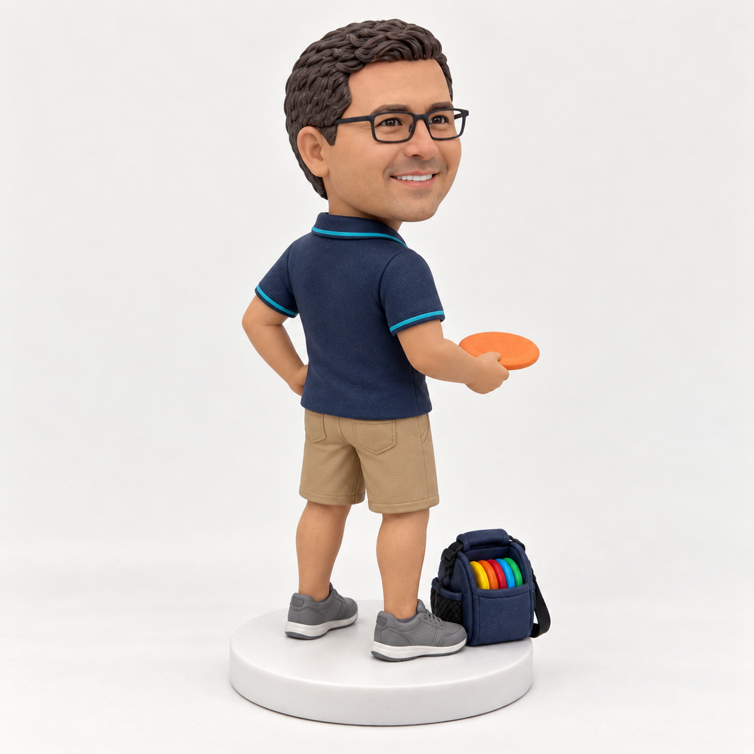 Custom disc golf bobblehead rear angled view