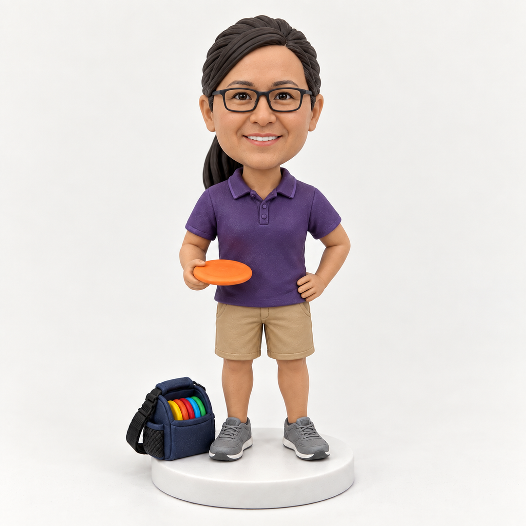 Custom female disc golf bobblehead purple polo