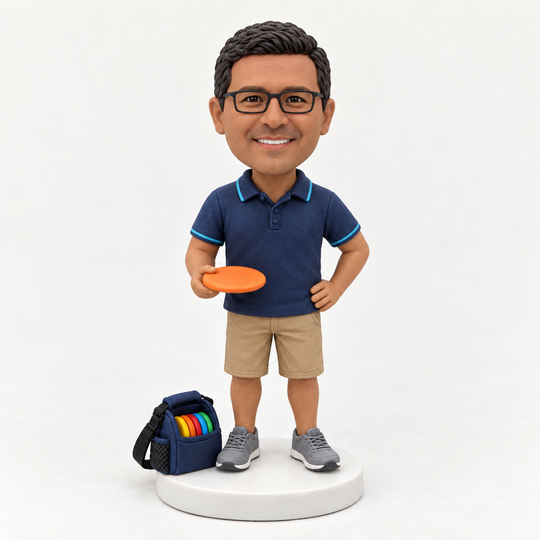 Custom disc golf bobblehead blue polo example