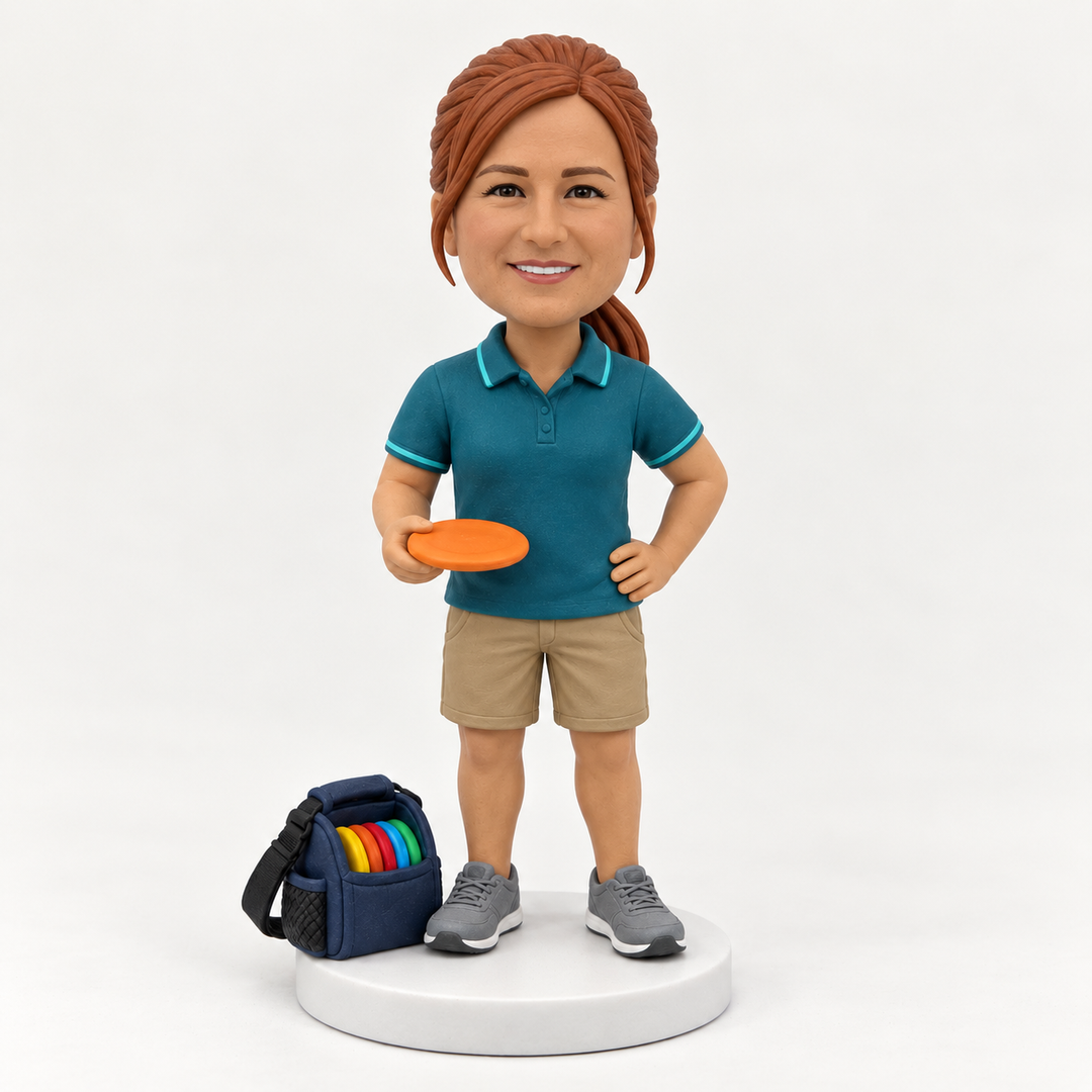 Custom female disc golf bobblehead teal polo