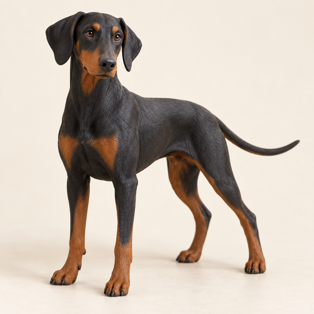 Illustrative front view of a custom Doberman Pinscher polymer clay figurine.