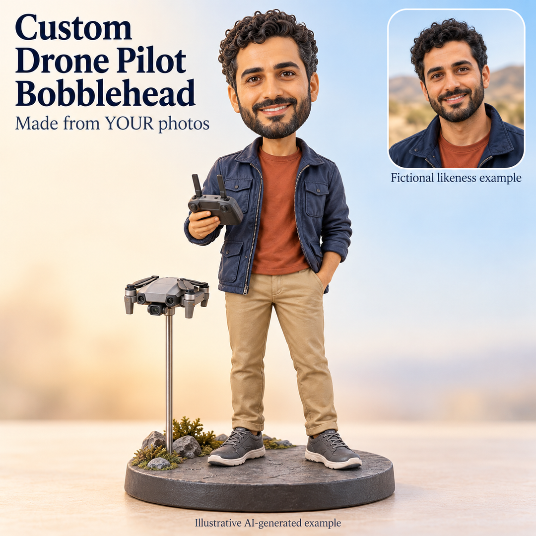Custom drone pilot bobblehead with fictional portrait likeness example