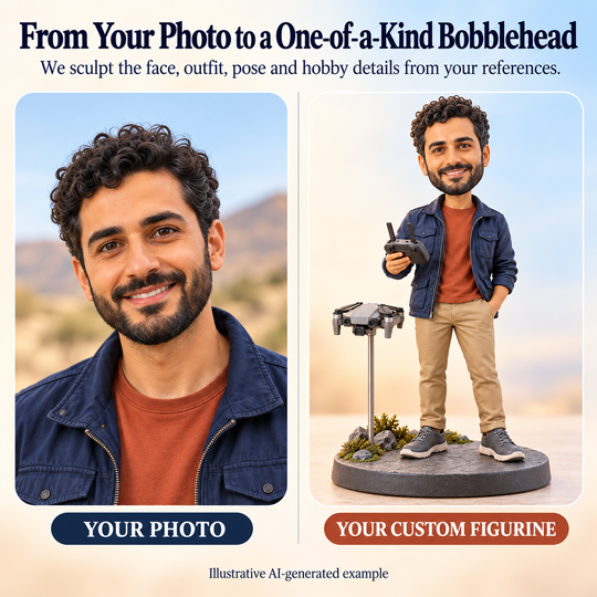 Your photo and custom drone pilot figurine comparison, illustrative AI-generated example