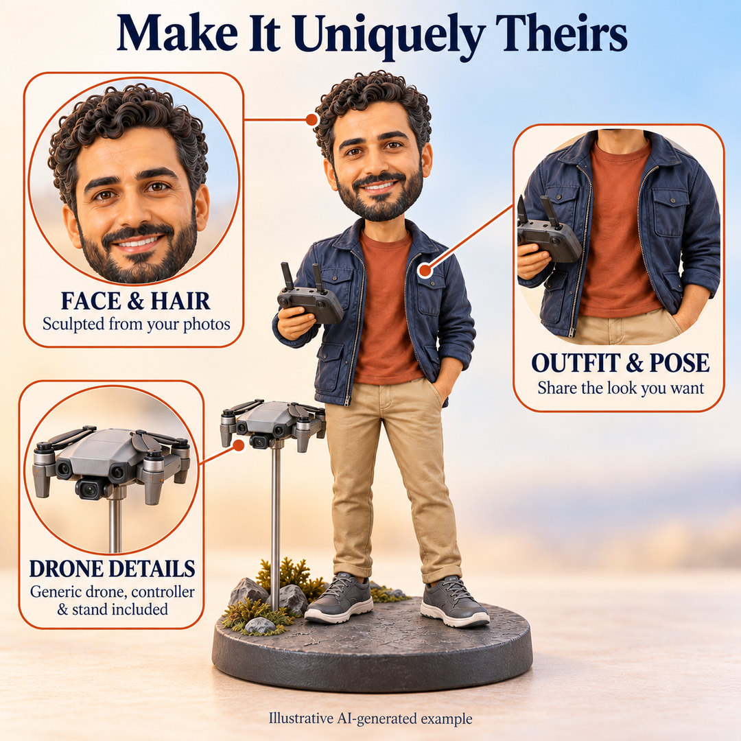 Custom drone pilot bobblehead face outfit pose and drone detail options