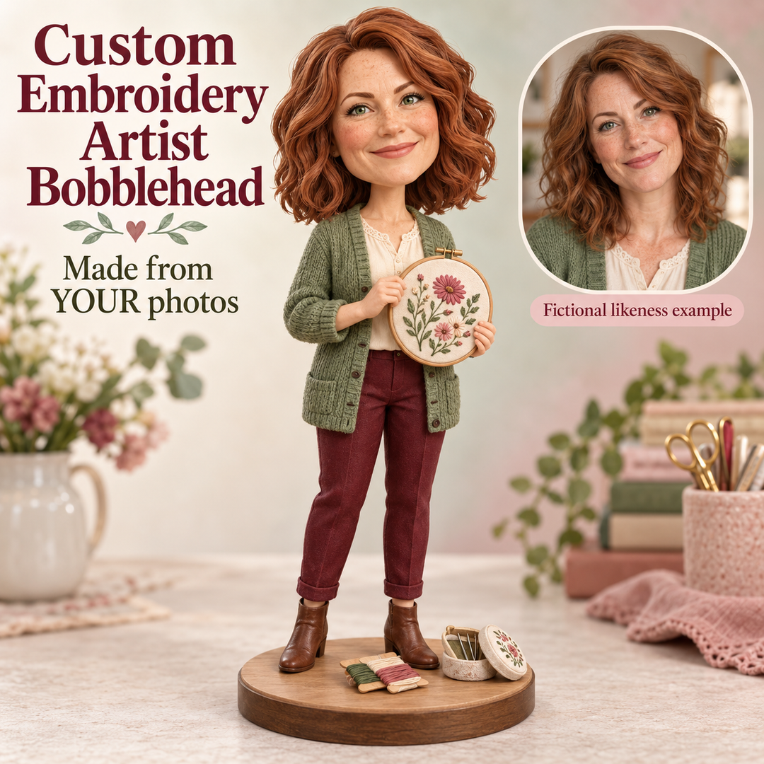 Custom embroidery artist bobblehead with fictional portrait likeness example