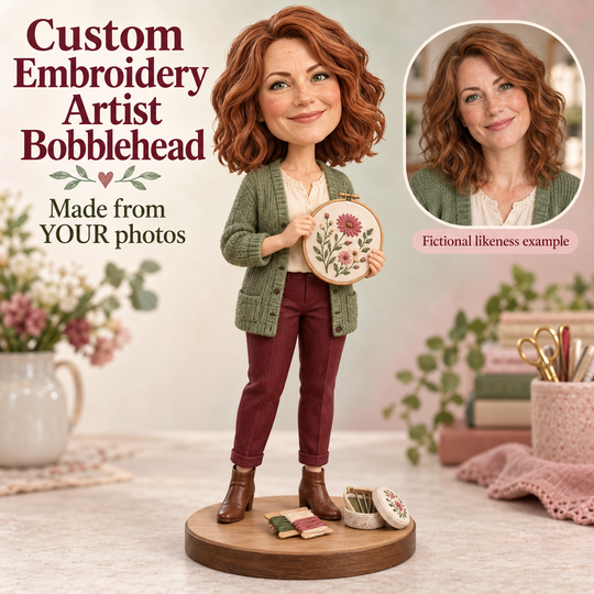 Custom embroidery artist bobblehead with fictional portrait likeness example