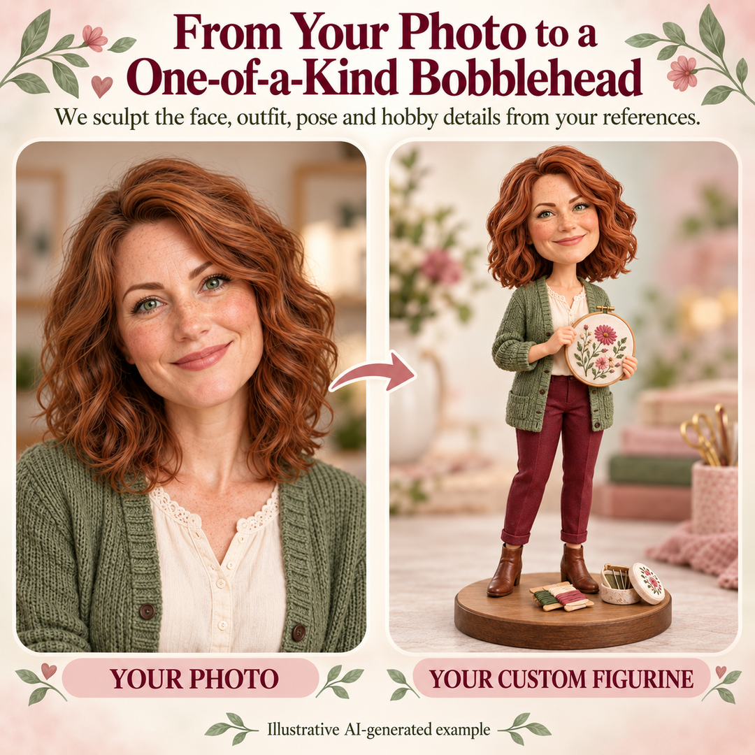Your photo and custom embroidery artist figurine comparison, illustrative AI-generated example