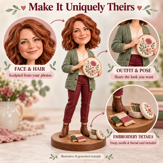 Custom embroidery artist bobblehead face outfit pose and embroidery detail options