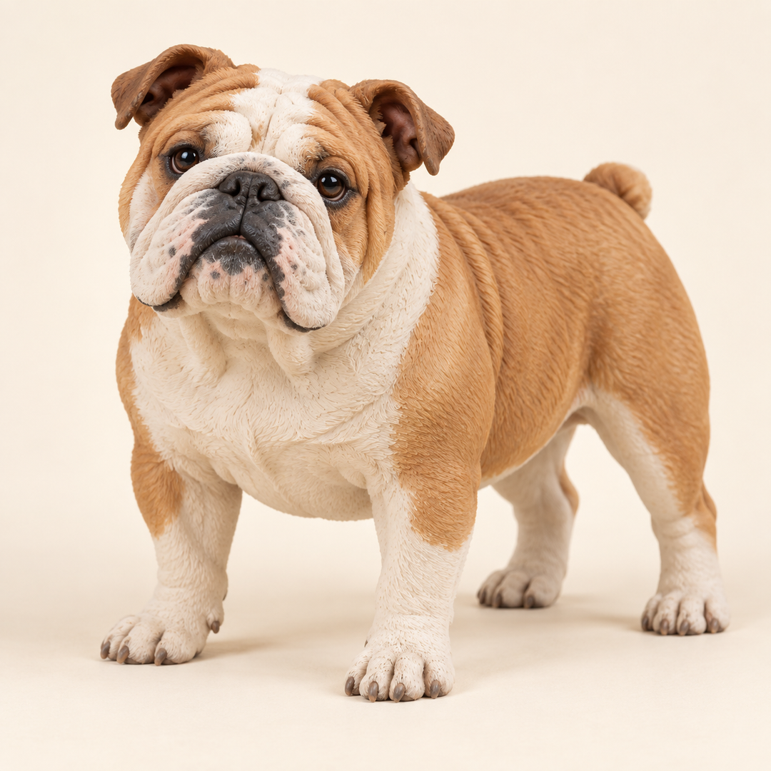 Illustrative front view of a custom English Bulldog polymer clay figurine.