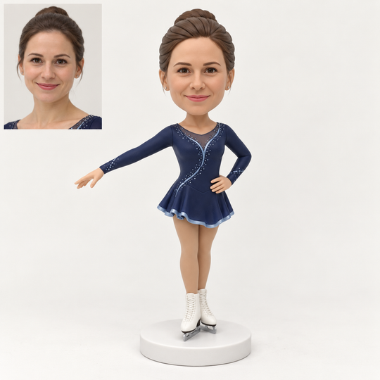 Custom figure skater bobblehead with matching portrait comparison