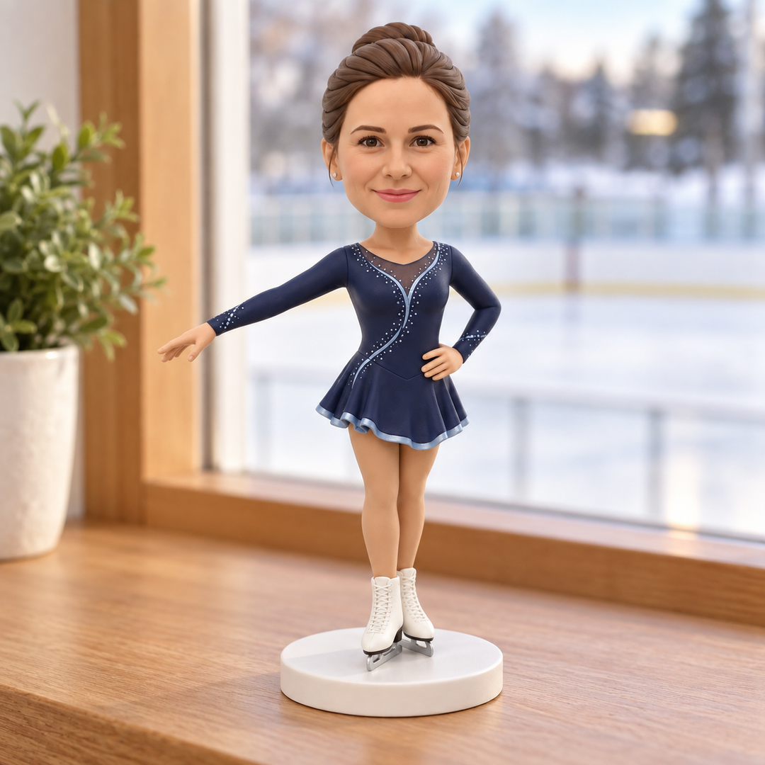 Custom figure skater bobblehead displayed near ice rink