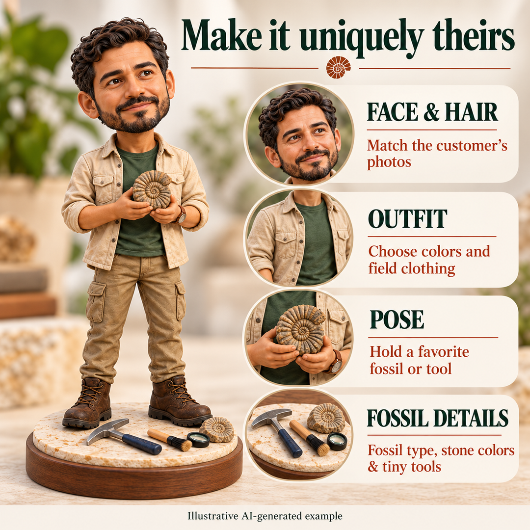 Custom Fossil Hunter bobblehead face, outfit, pose and fossil options, illustrative AI-generated example