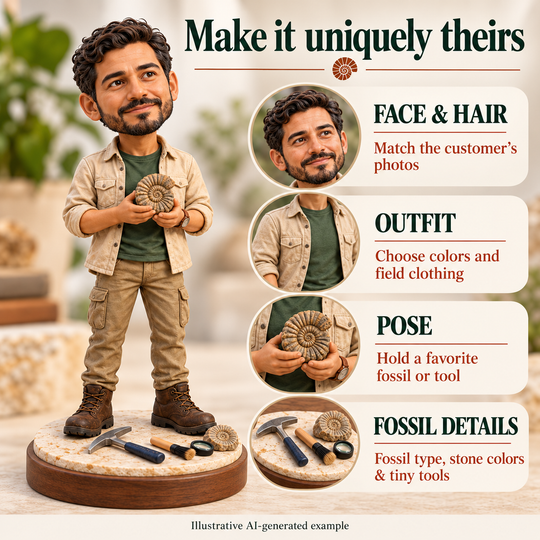 Custom Fossil Hunter bobblehead face, outfit, pose and fossil options, illustrative AI-generated example