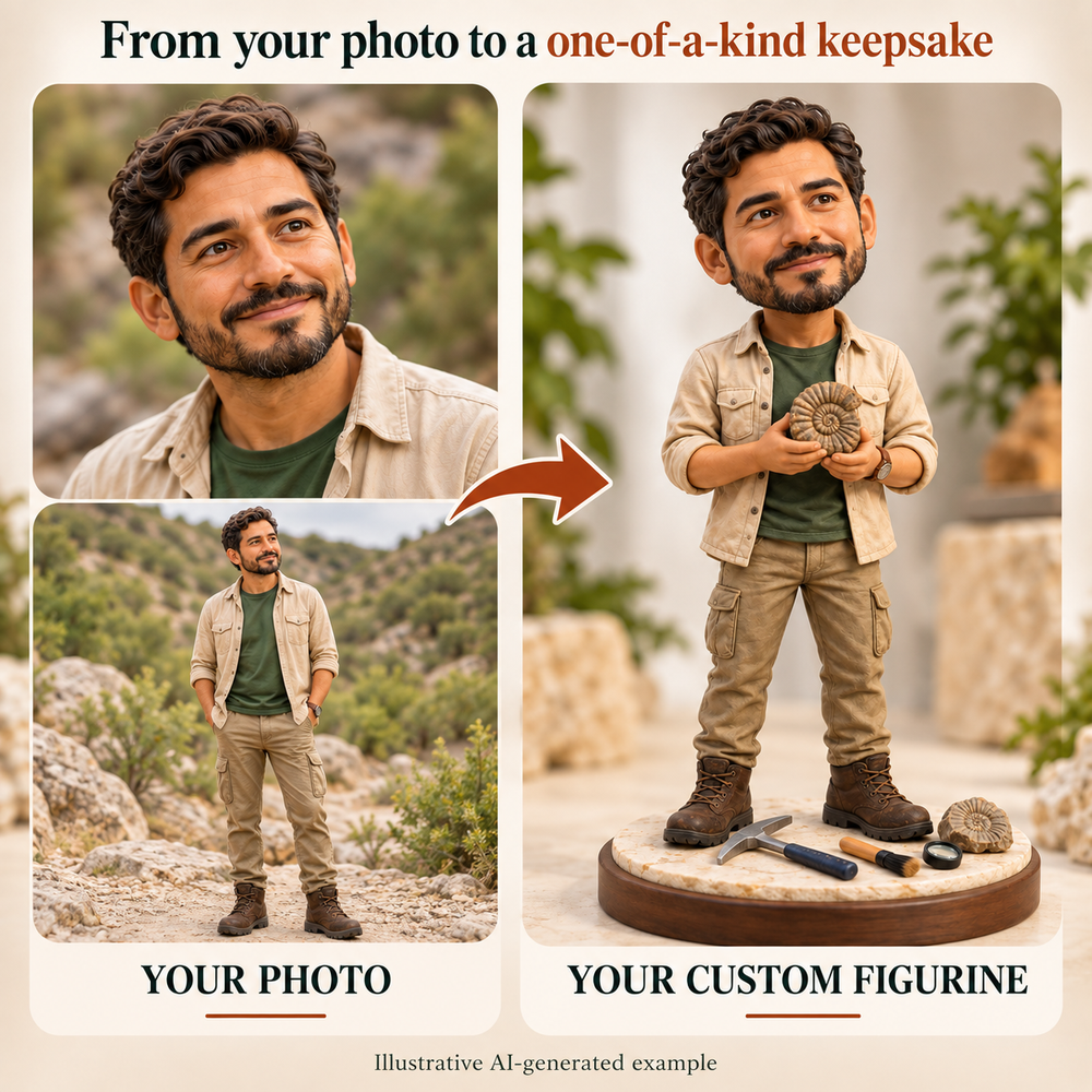 Your photo to custom Fossil Hunter figurine comparison, illustrative AI-generated example