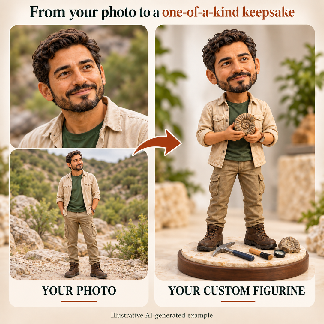 Your photo to custom Fossil Hunter figurine comparison, illustrative AI-generated example