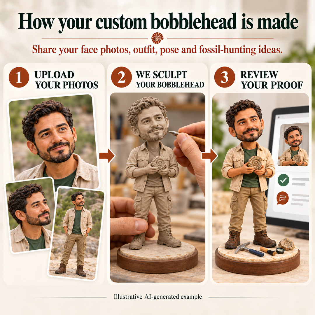 Upload photos, sculpt and review proof process for custom Fossil Hunter bobblehead, illustrative AI-generated example
