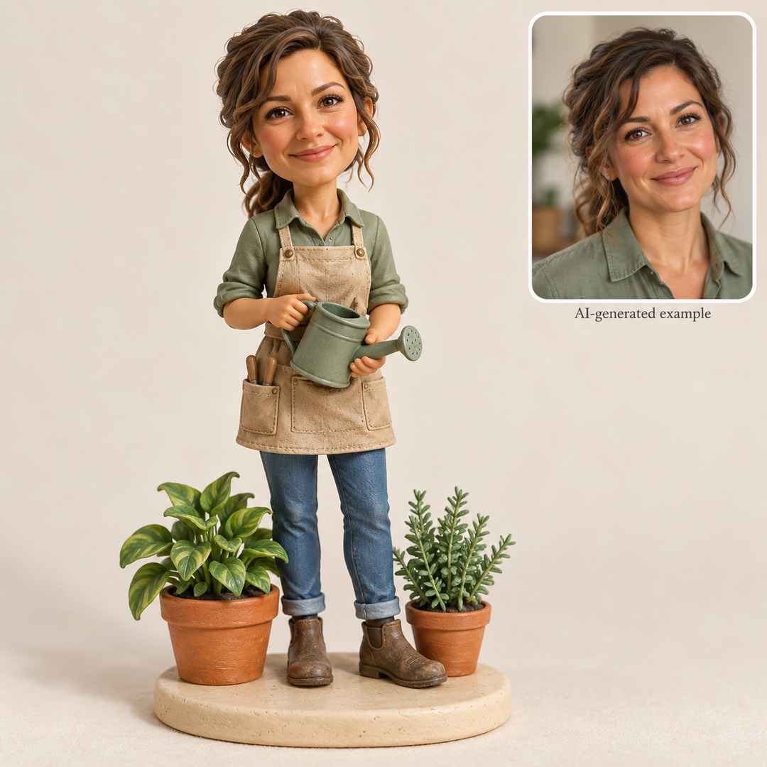 AI-generated custom gardener bobblehead with matching fictional portrait, watering can and potted plants