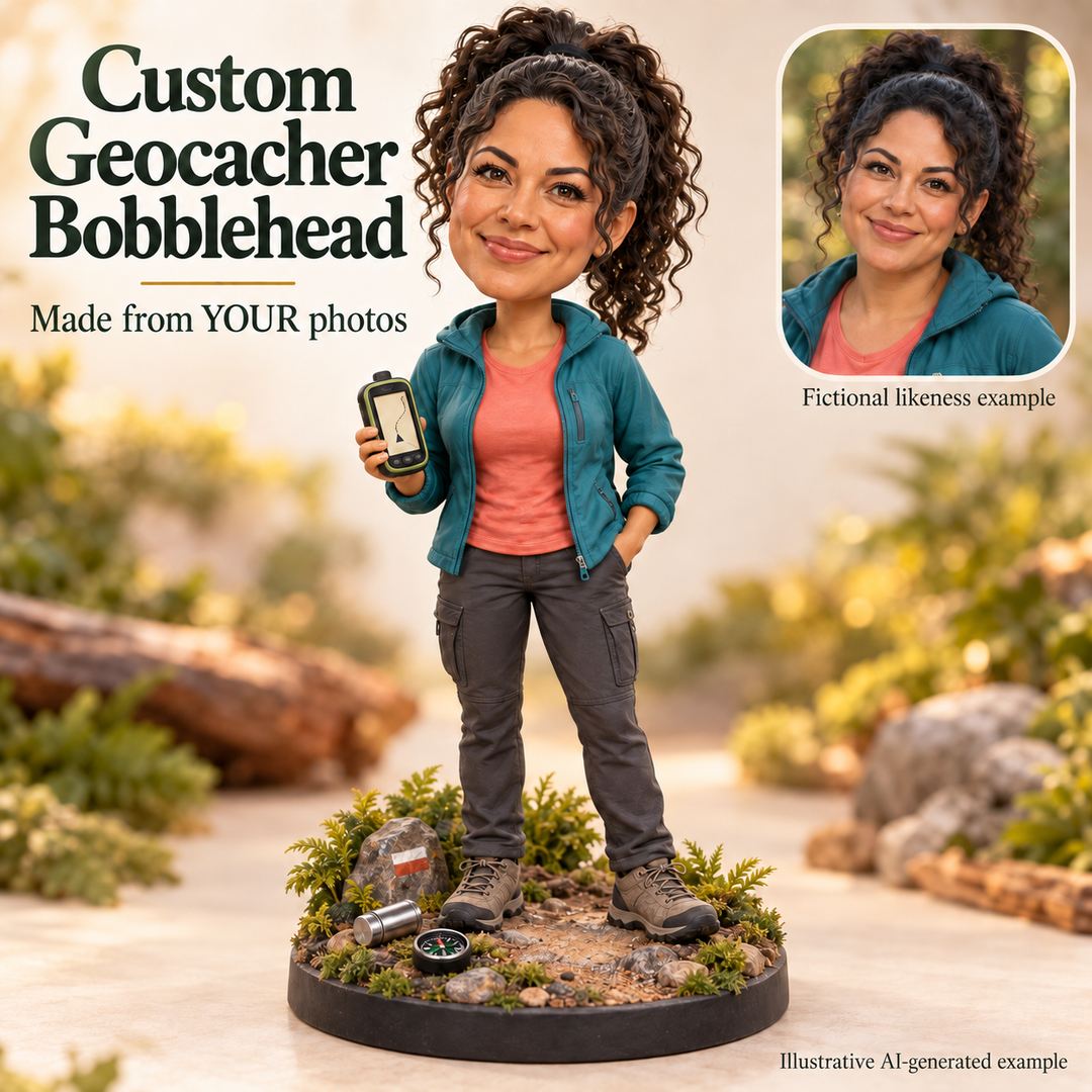 Custom geocacher bobblehead with fictional portrait likeness example