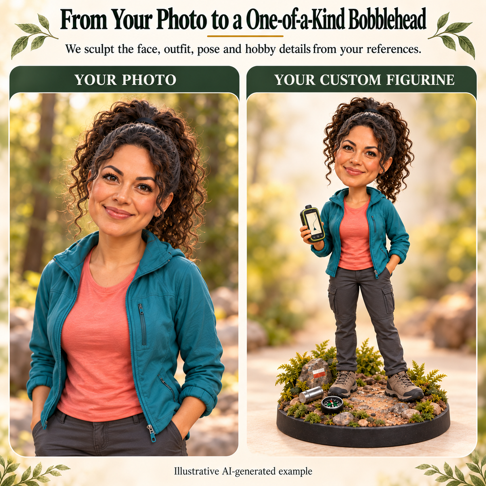 Your photo and custom geocacher figurine comparison, illustrative AI-generated example