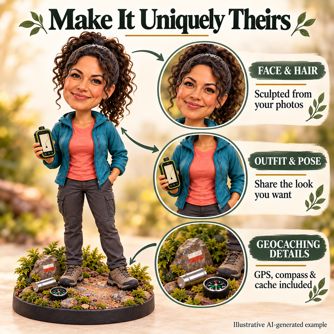 Custom geocacher bobblehead face outfit pose and geocaching detail options
