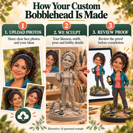 Upload photos, sculpt and proof review process for a custom geocacher bobblehead