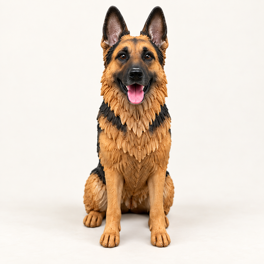 Handmade black-and-tan German Shepherd figurine with upright ears; cover edited from our Etsy example.