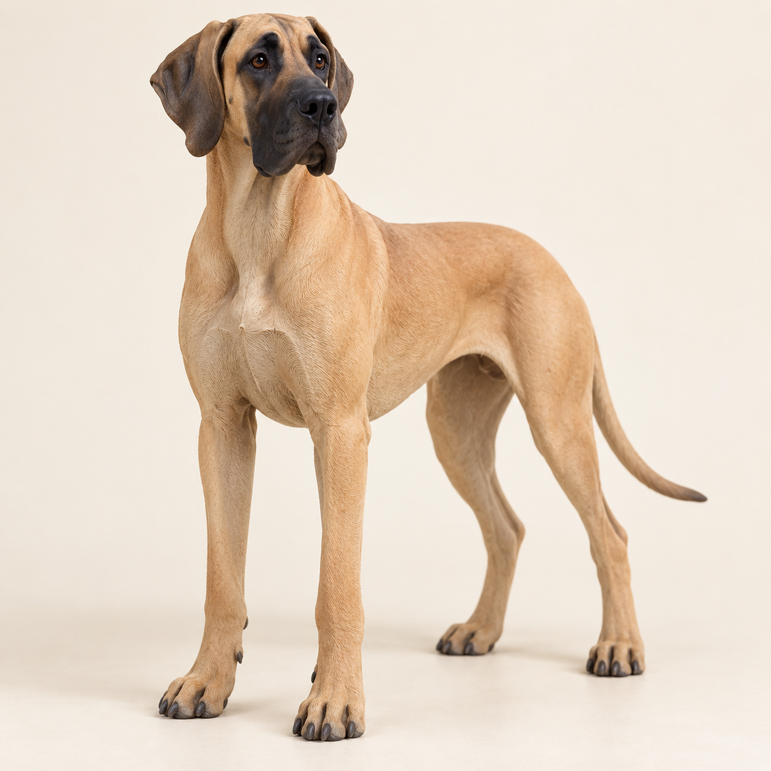 Illustrative front view of a custom Great Dane polymer clay figurine.