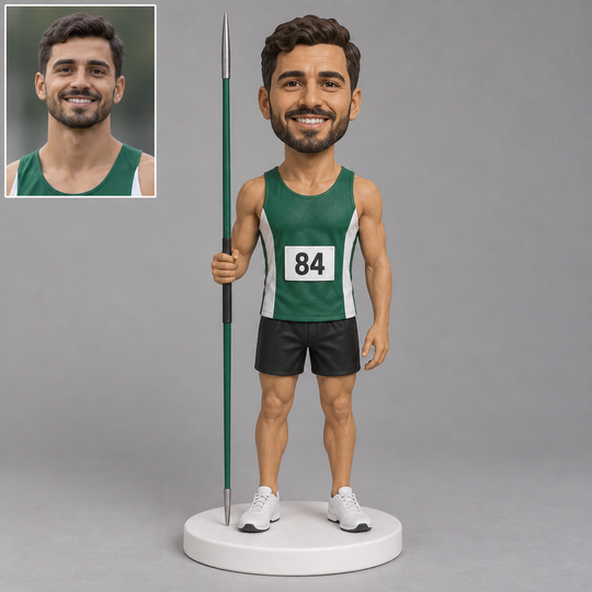 Javelin athlete bobblehead with generated portrait comparison