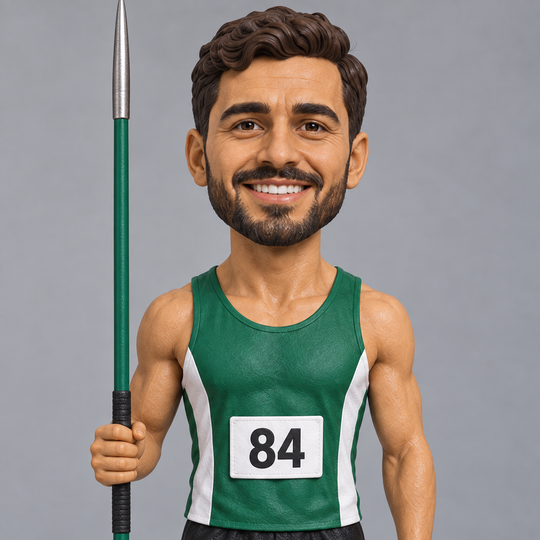 Javelin athlete bobblehead face and grip detail