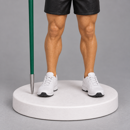 Javelin athlete bobblehead feet and supported javelin detail