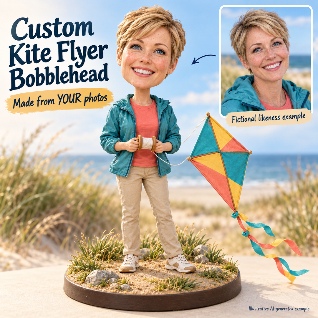 Custom kite flyer bobblehead with fictional portrait likeness and included colorful diamond kite