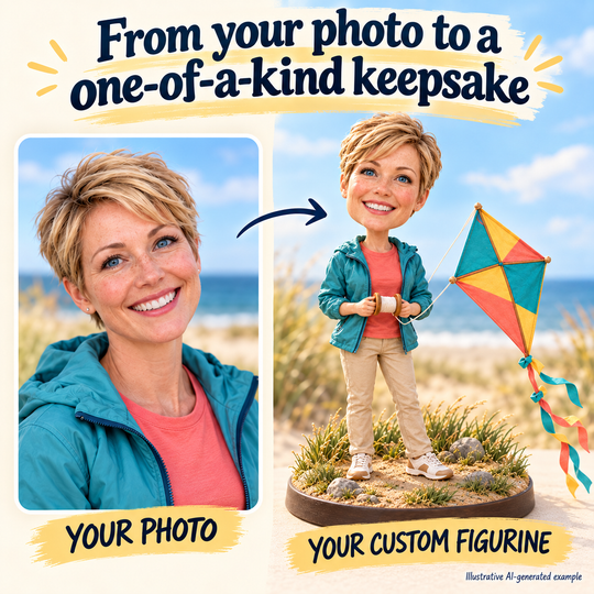 Your photo to custom kite flyer figurine comparison, illustrative AI-generated example