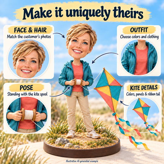 Kite flyer bobblehead face, outfit, pose and kite detail customization options