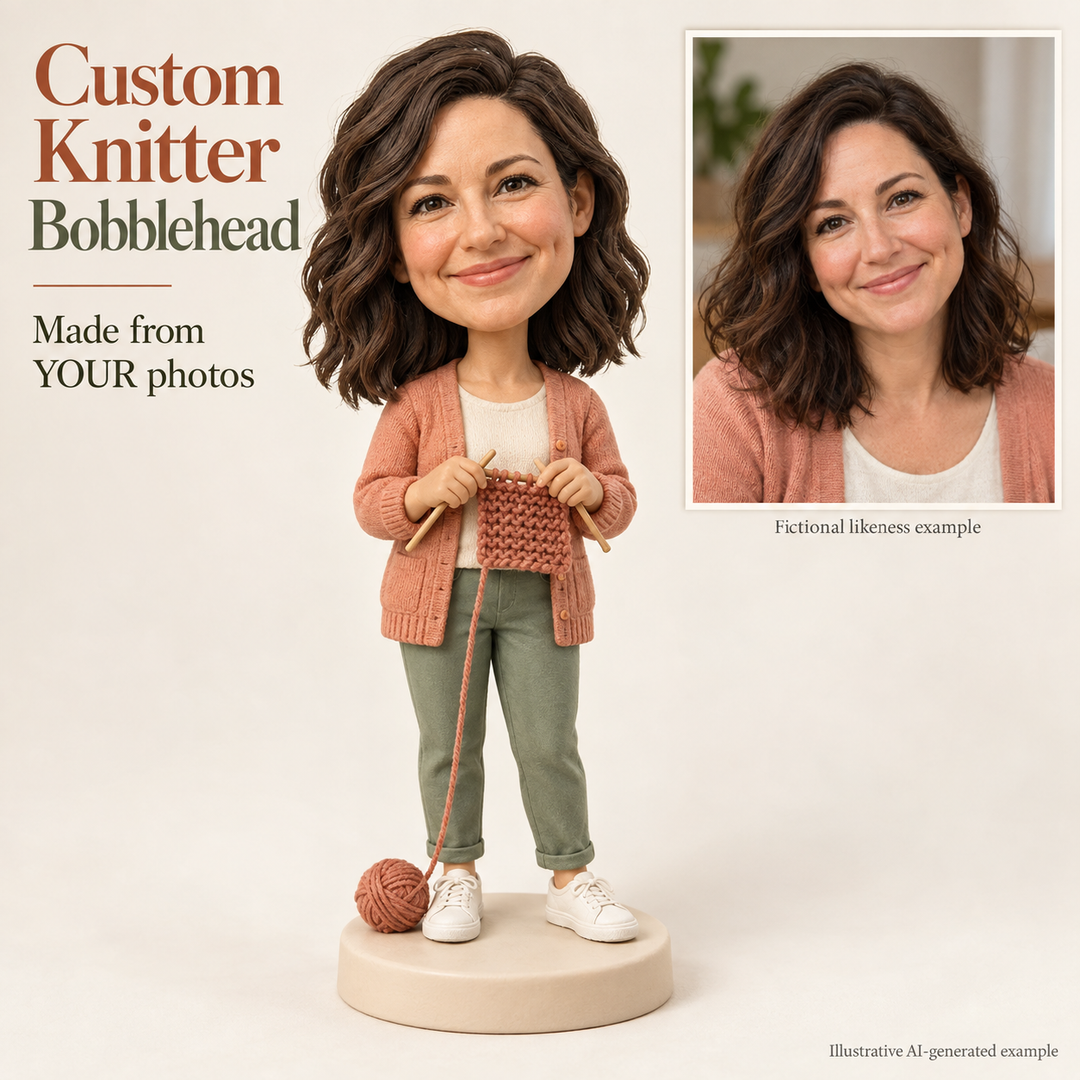 AI-generated illustration of a custom clay knitter bobblehead with a matching fictional human portrait.
