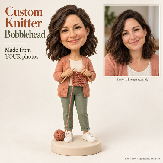 AI-generated illustration of a custom clay knitter bobblehead with a matching fictional human portrait.