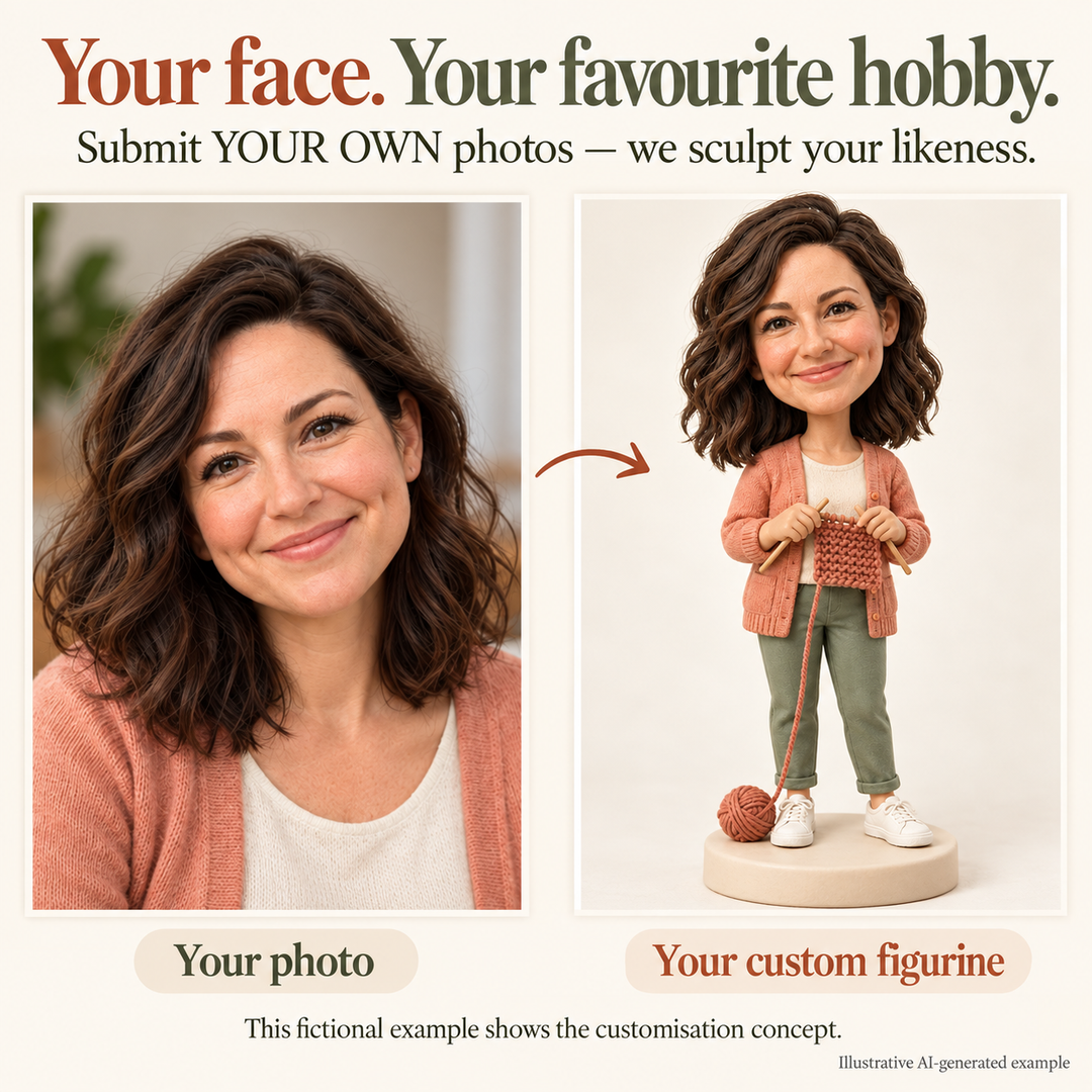 AI-generated fictional example comparing a human face photo with the matching custom knitter figurine, asking customers to submit their own photos.