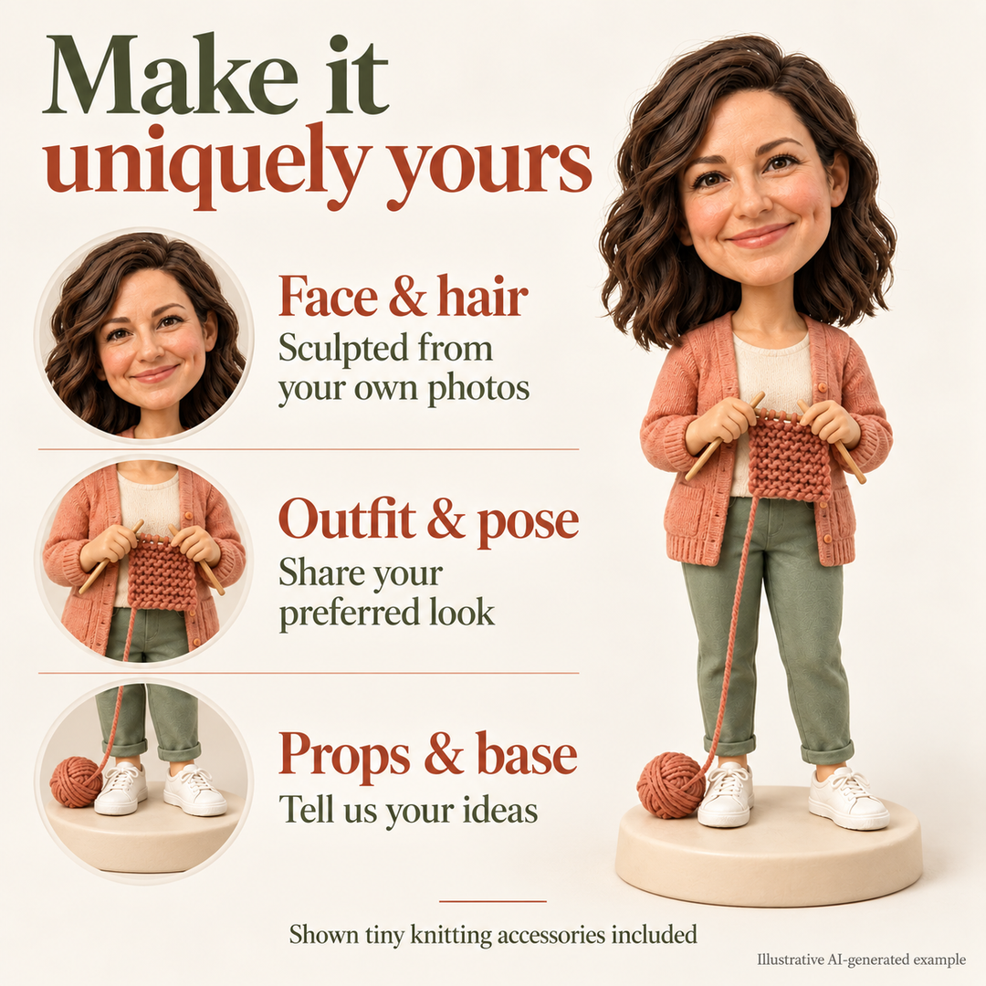 AI-generated illustrative knitter figurine showing face and hair, outfit and pose, props and base customisation options.