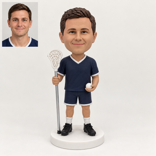 Custom lacrosse player figurine with matching portrait comparison
