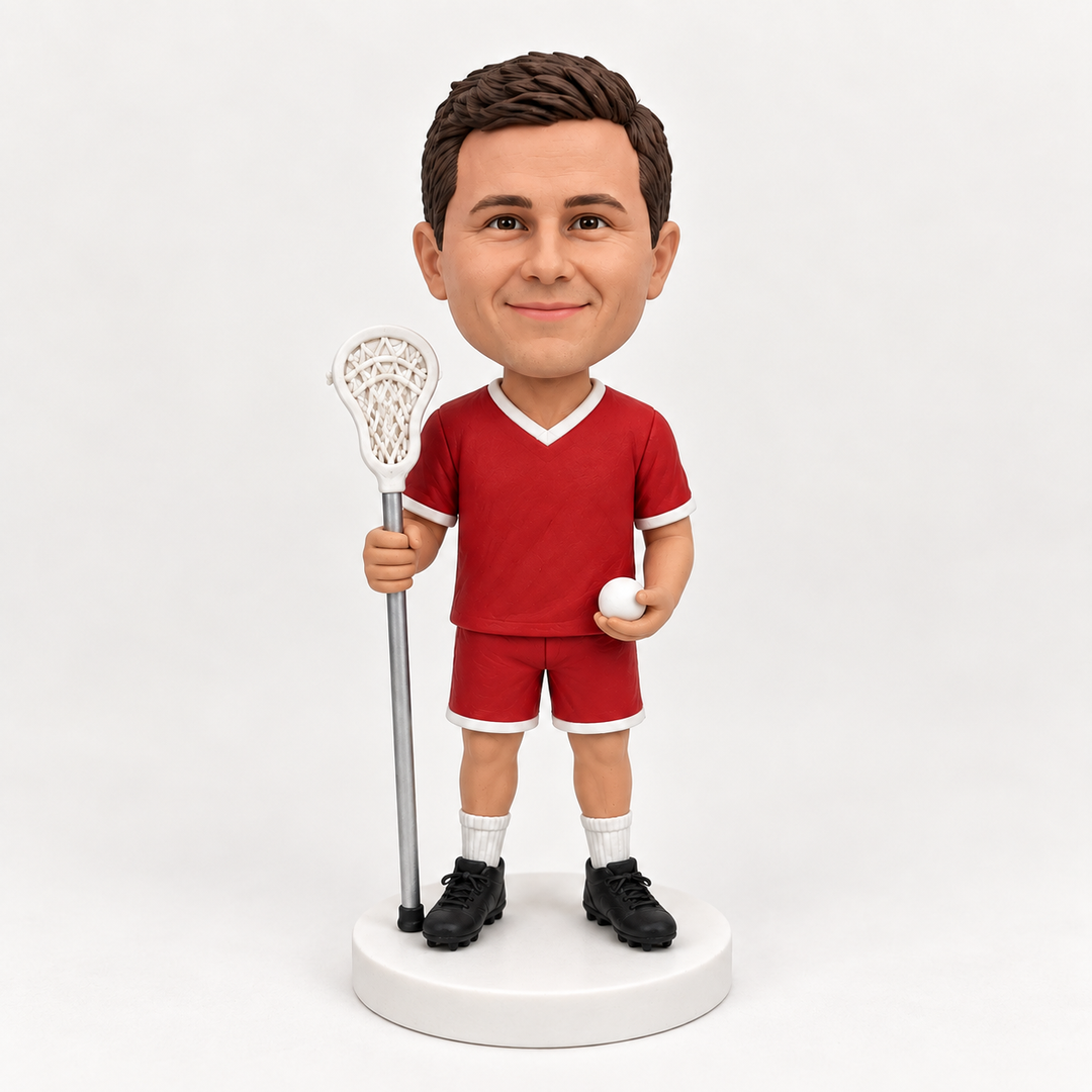 Custom lacrosse player figurine in red uniform