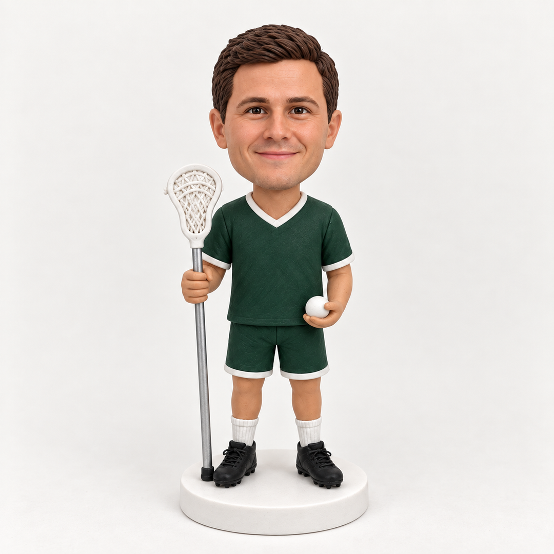 Custom lacrosse player figurine in green uniform